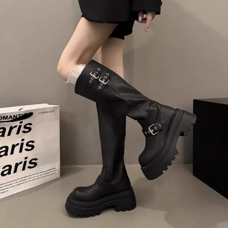 女性用チャンキープラットフォームニーハイブーツ、スムースマッ - Drone Camera Stabilized のレビューと価格